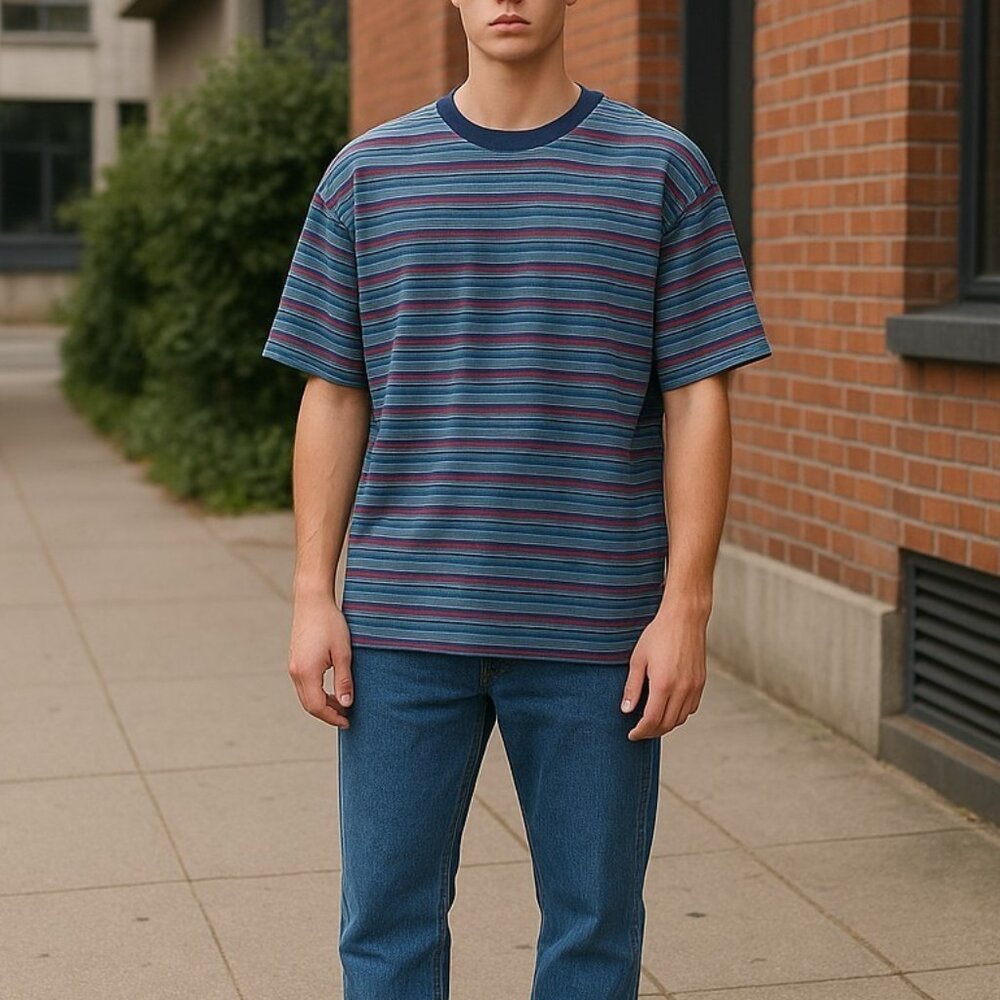 Vintage 90s BTB Striped Velour Shirt | Mens L-XL | Juicy Era Soft Crewneck Tee - Picture 6 of 6